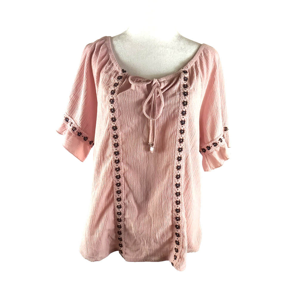 Adrienne Vittadini Women's Peach Pink Shirt Size Large Peasant Blouse Bohemian